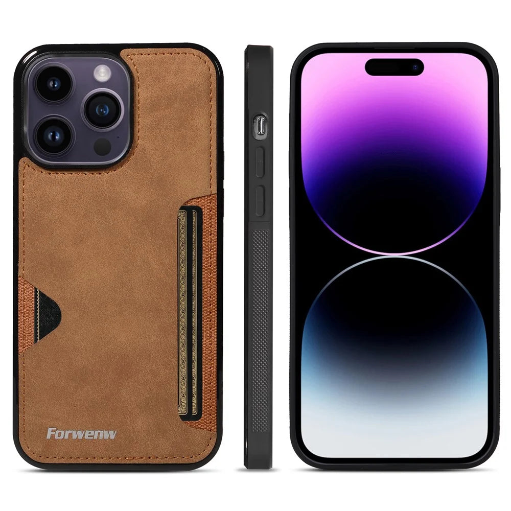 FORWENW F5 Series For iPhone 15 Pro Case Card Holder Leather+TPU Phone Cover - Brown - 5