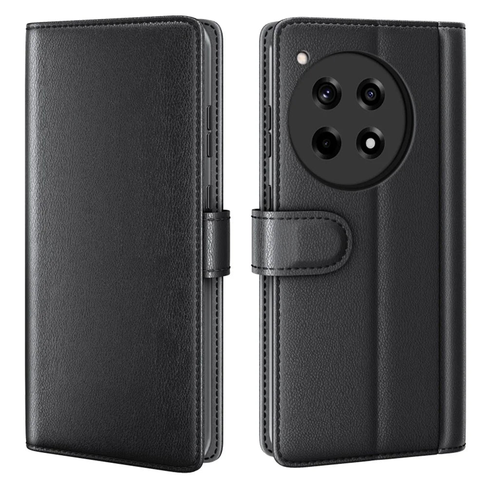 For OnePlus 12R 5G / Ace 3 5G Case Genuine Split Leather Phone Cover with Wallet Stand - Black - 1