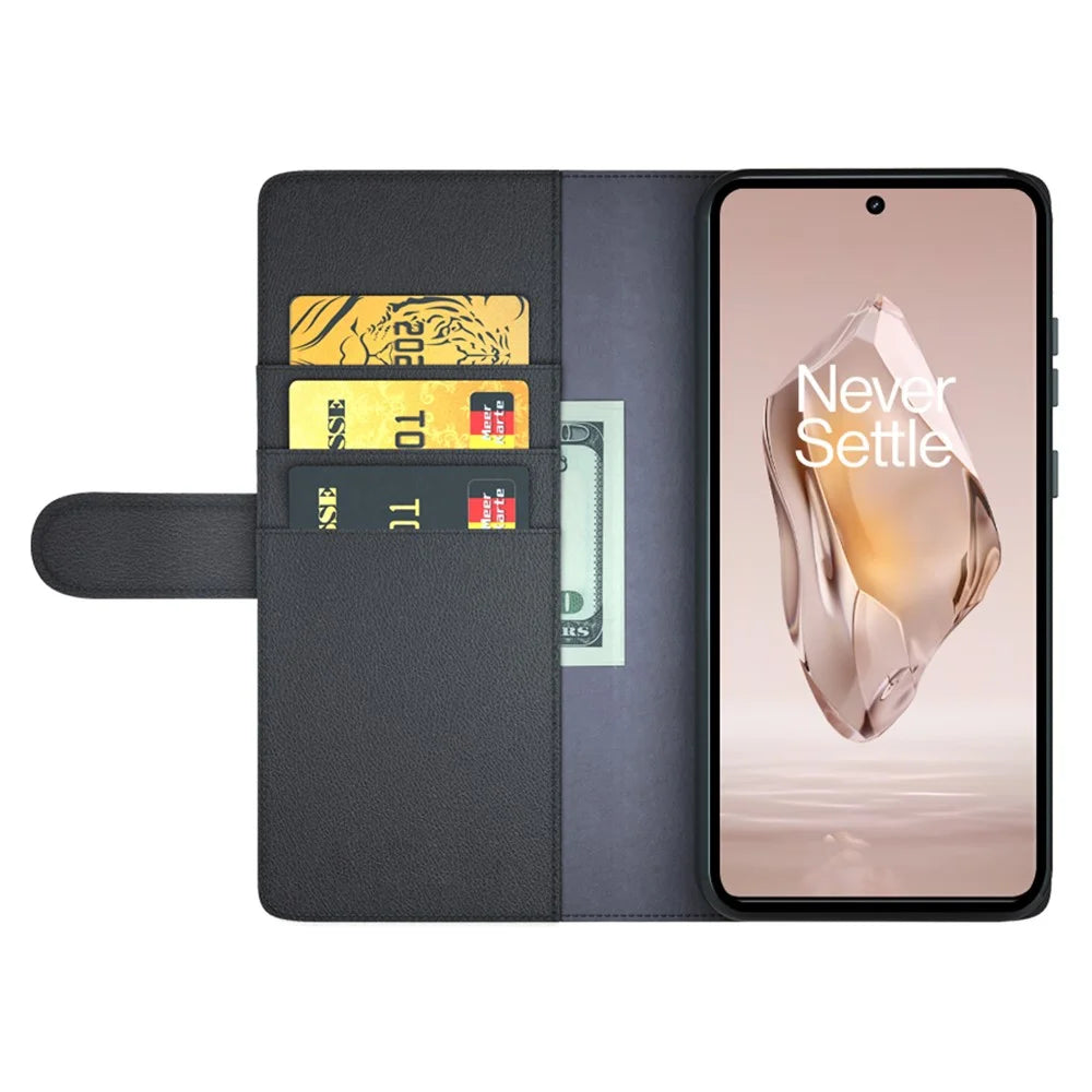 For OnePlus 12R 5G / Ace 3 5G Case Genuine Split Leather Phone Cover with Wallet Stand - Black - 2