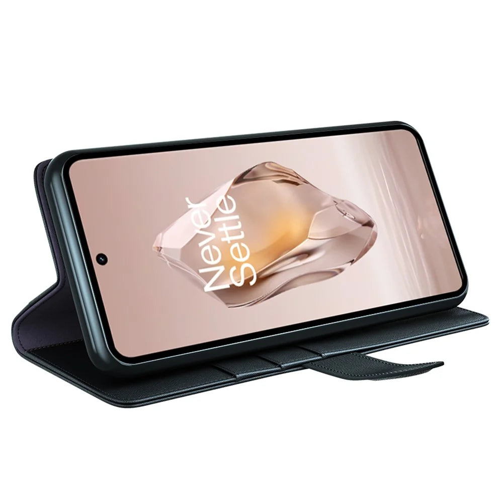 For OnePlus 12R 5G / Ace 3 5G Case Genuine Split Leather Phone Cover with Wallet Stand - Black - 3