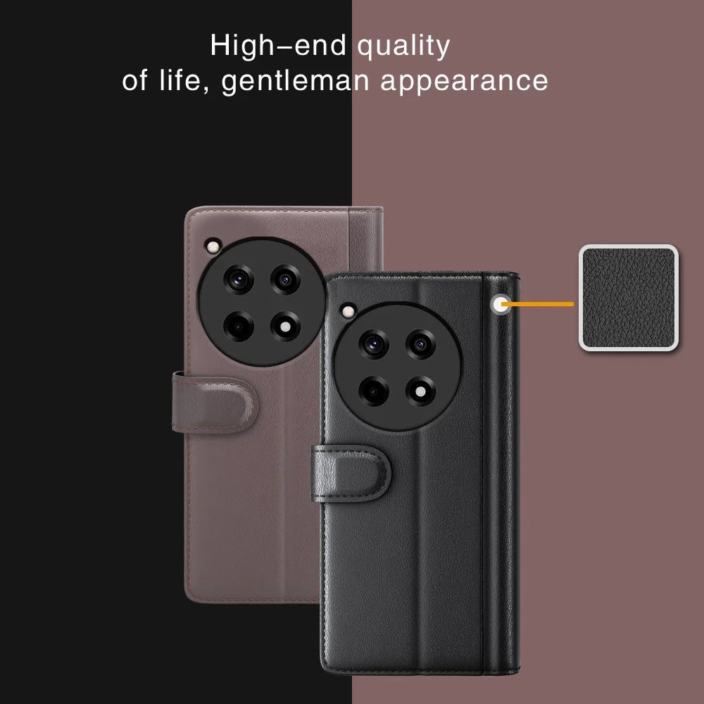 For OnePlus 12R 5G / Ace 3 5G Case Genuine Split Leather Phone Cover with Wallet Stand - Black - 5