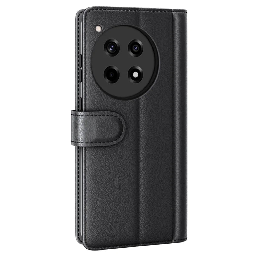 For OnePlus 12R 5G / Ace 3 5G Case Genuine Split Leather Phone Cover with Wallet Stand - Black - 7