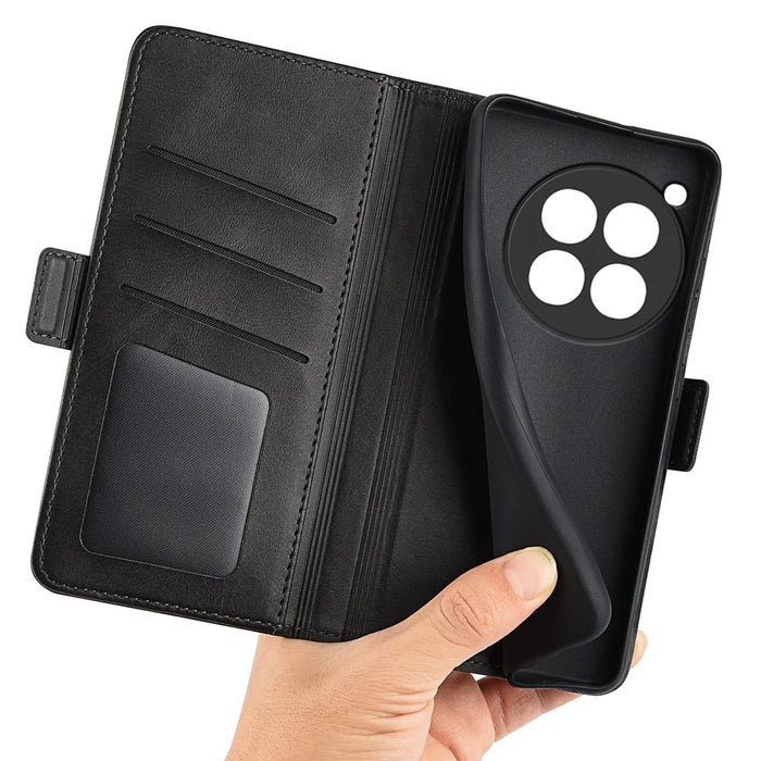 For OnePlus 12R 5G / Ace 3 5G Case Dual Magnetic Clasp Leather Wallet Cover - Black - 5