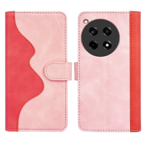 For OnePlus 12R 5G / Ace 3 5G Case Folio Stand Color Splicing Leather Phone Cover - Pink - 1