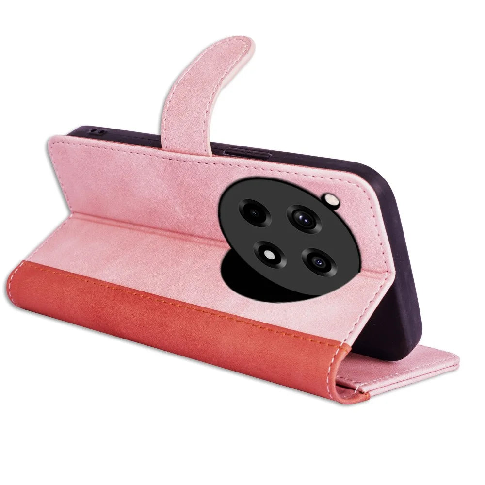 For OnePlus 12R 5G / Ace 3 5G Case Folio Stand Color Splicing Leather Phone Cover - Pink - 3