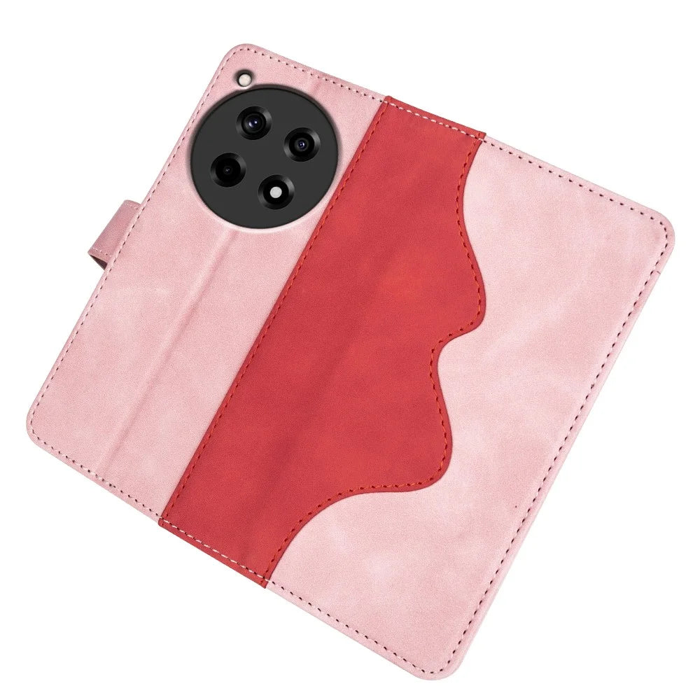 For OnePlus 12R 5G / Ace 3 5G Case Folio Stand Color Splicing Leather Phone Cover - Pink - 4