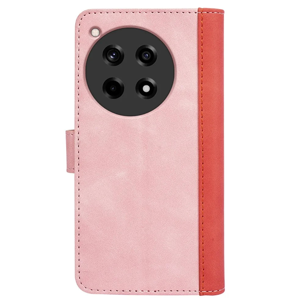 For OnePlus 12R 5G / Ace 3 5G Case Folio Stand Color Splicing Leather Phone Cover - Pink - 7