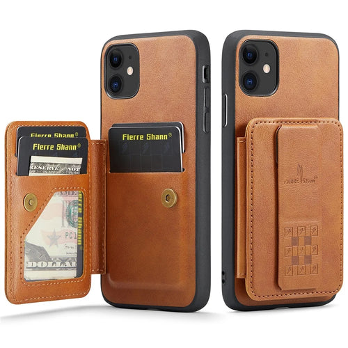 For iPhone 11 Case Finger Loop Leather+TPU Scratch-resistant Phone Cover - Brown - 1