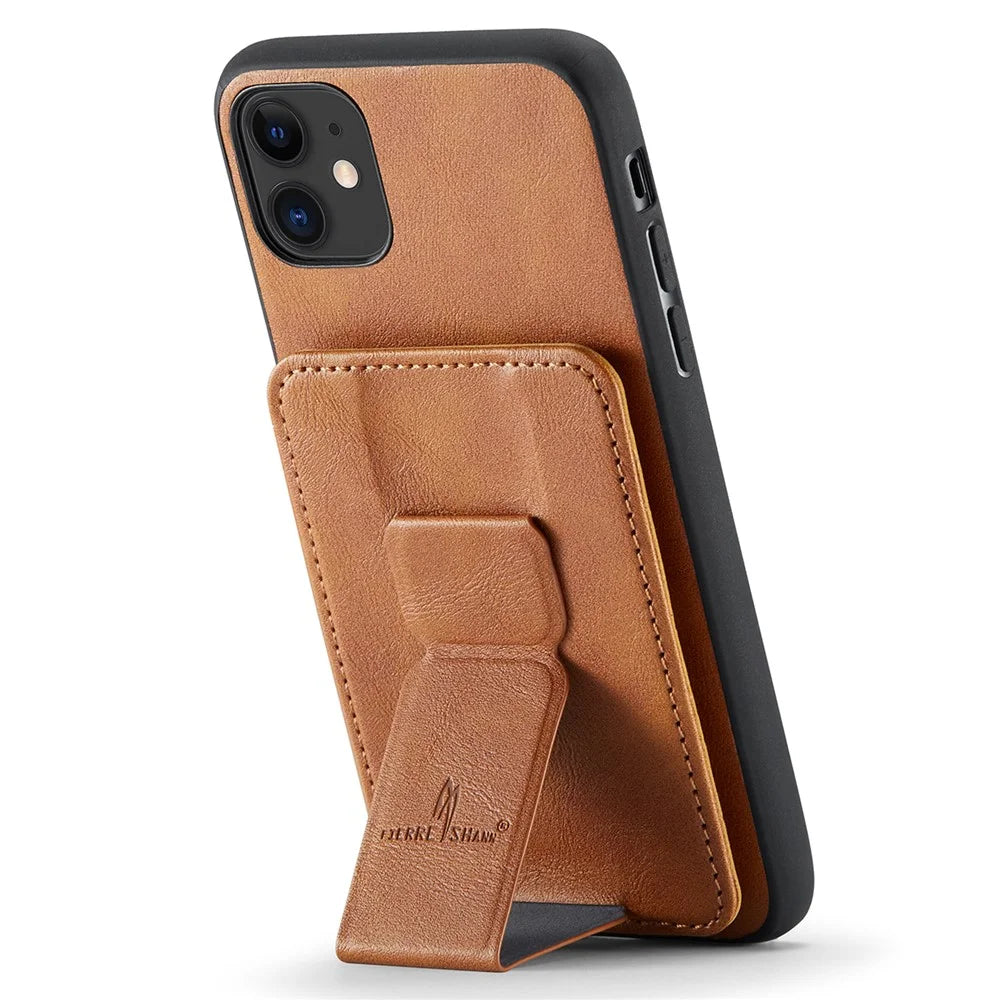 For iPhone 11 Case Finger Loop Leather+TPU Scratch-resistant Phone Cover - Brown - 2