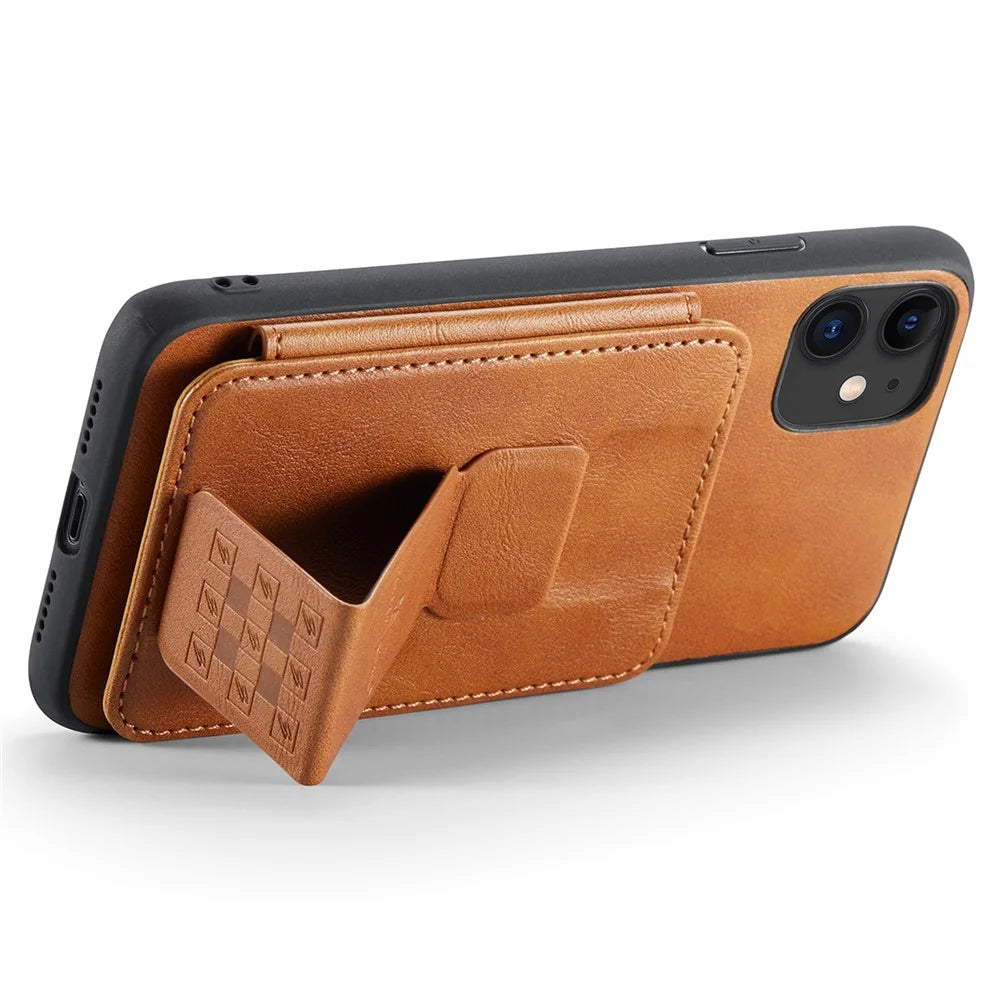 For iPhone 11 Case Finger Loop Leather+TPU Scratch-resistant Phone Cover - Brown - 3