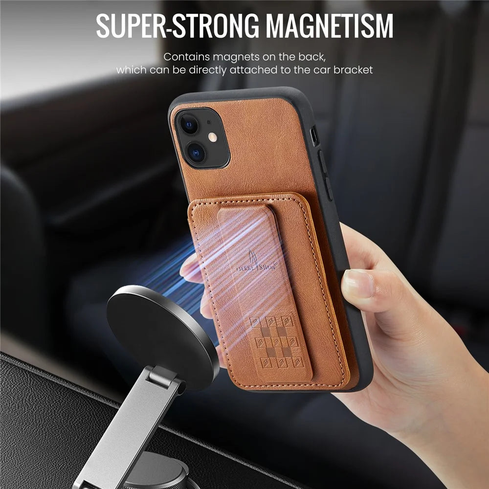 For iPhone 11 Case Finger Loop Leather+TPU Scratch-resistant Phone Cover - Brown - 6
