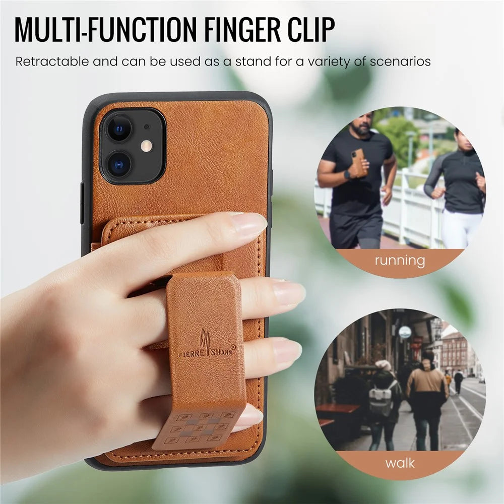 For iPhone 11 Case Finger Loop Leather+TPU Scratch-resistant Phone Cover - Brown - 7