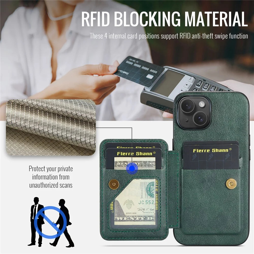 For iPhone 13 6.1 inch / 14 Case Leather Coated TPU Scratch-proof RFID Blocking Protective Shell - Green - 5