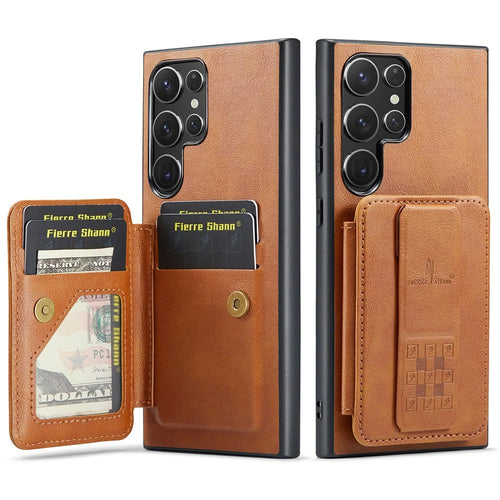 Leather+TPU Case for Samsung Galaxy S24 Ultra Shell Card Holder Kickstand Phone Cover - Brown - 1