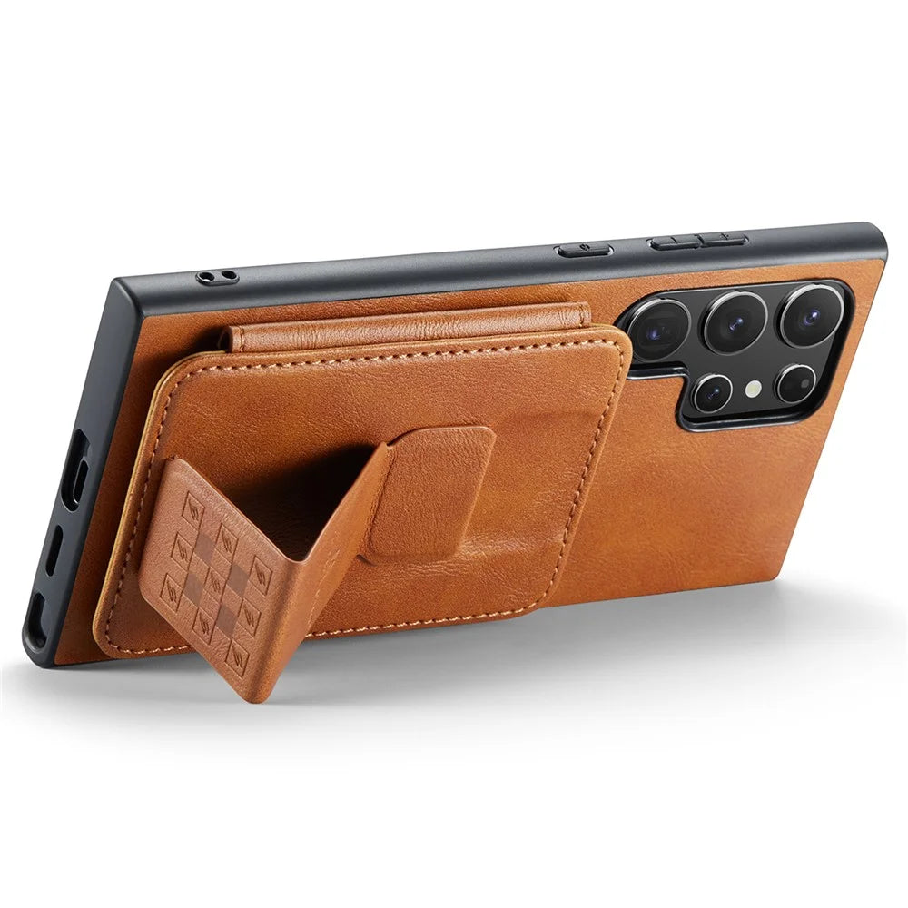 Leather+TPU Case for Samsung Galaxy S24 Ultra Shell Card Holder Kickstand Phone Cover - Brown - 3