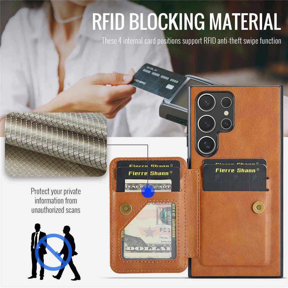 Leather+TPU Case for Samsung Galaxy S24 Ultra Shell Card Holder Kickstand Phone Cover - Brown - 5