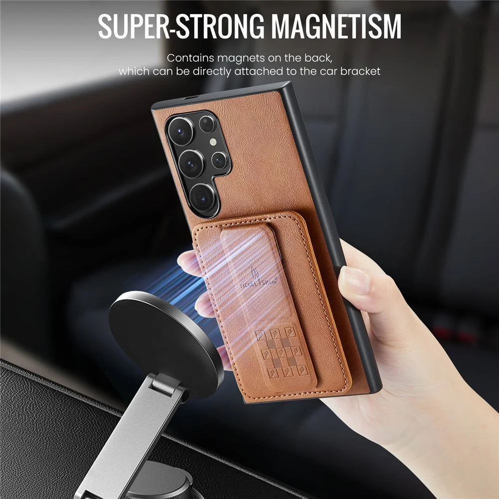 Leather+TPU Case for Samsung Galaxy S24 Ultra Shell Card Holder Kickstand Phone Cover - Brown - 6