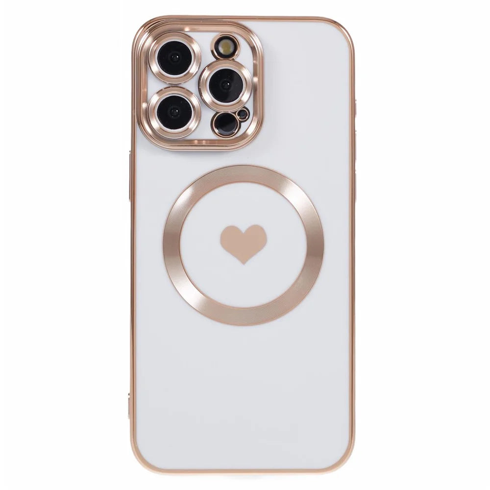 For iPhone 14 Pro Max TPU Case 6D Electroplating Love Heart Cover Compatible with MagSafe - White - 1