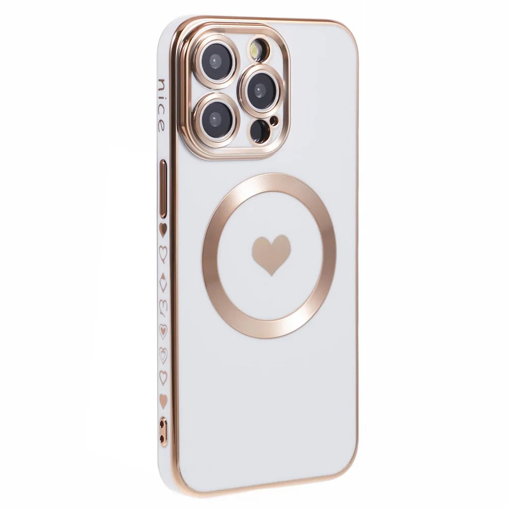 For iPhone 14 Pro Max TPU Case 6D Electroplating Love Heart Cover Compatible with MagSafe - White - 3