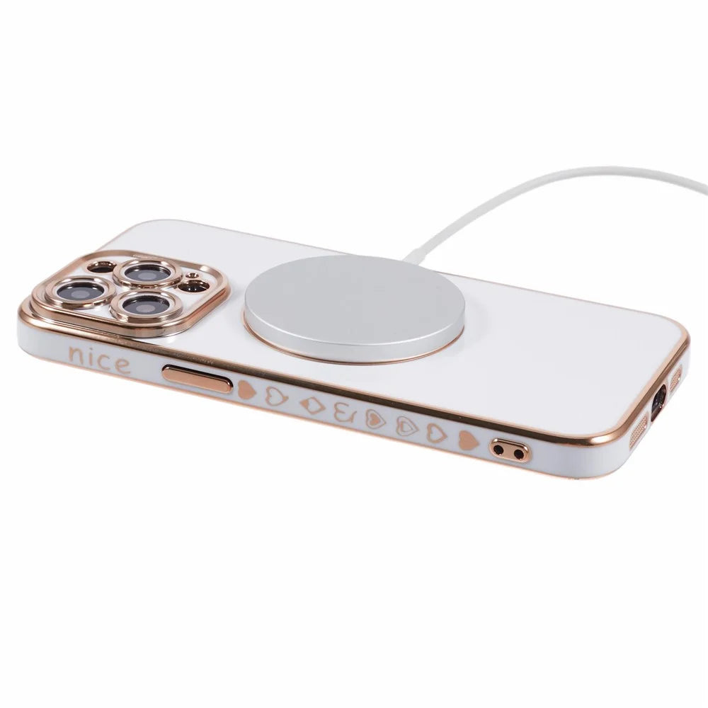 For iPhone 14 Pro Max TPU Case 6D Electroplating Love Heart Cover Compatible with MagSafe - White - 4