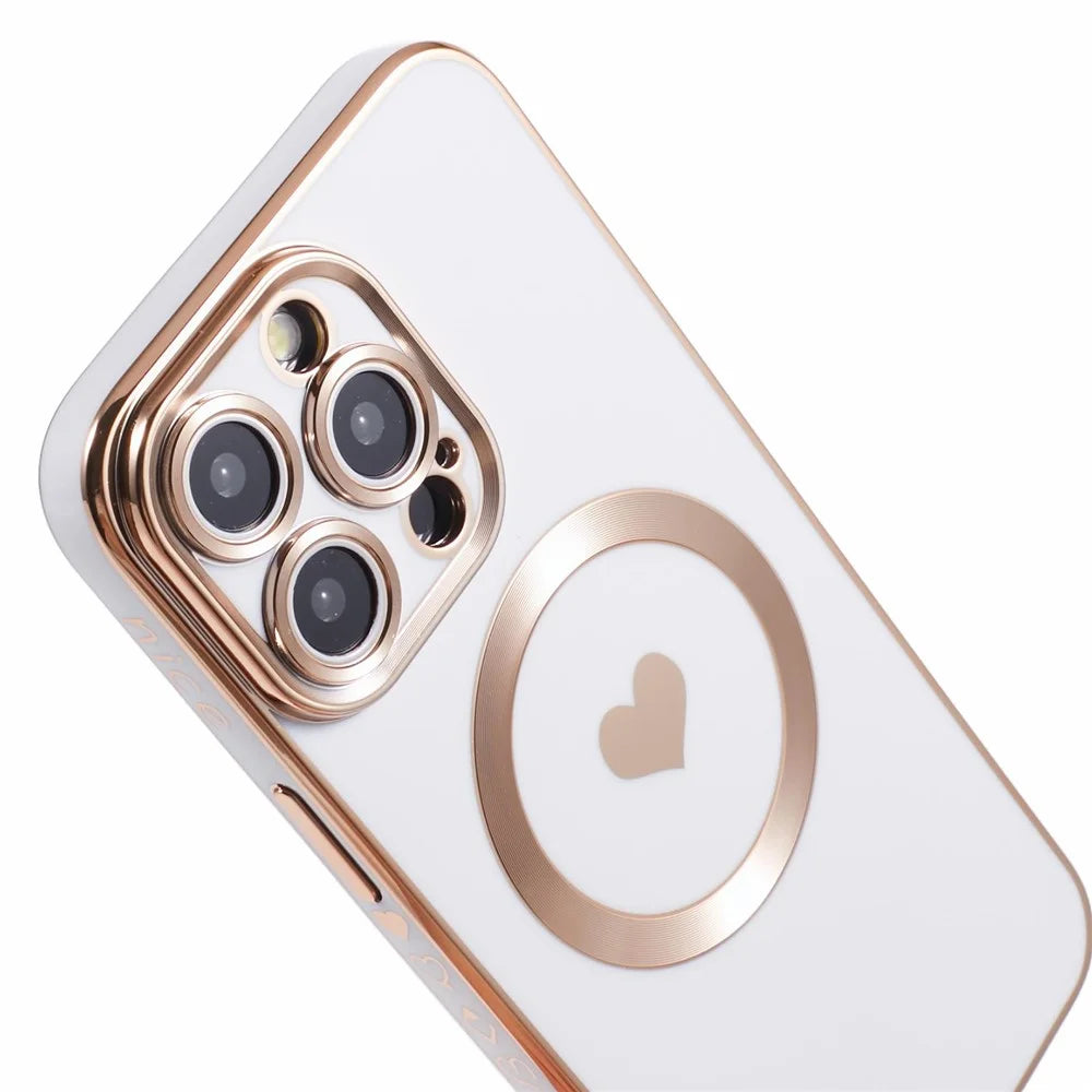 For iPhone 14 Pro Max TPU Case 6D Electroplating Love Heart Cover Compatible with MagSafe - White - 7