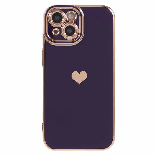 For iPhone 15 Slim TPU Case 6D Electroplating Love Heart Anti-Drop Phone Cover - Dark Purple - 1