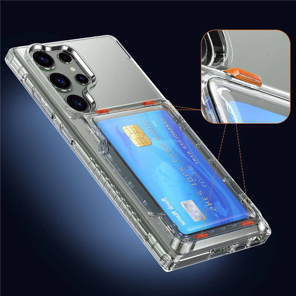 For Samsung Galaxy S23 Ultra Cell Phone Case Clear PC+TPU Flip Card Slot Cover - Transparent Black - 7
