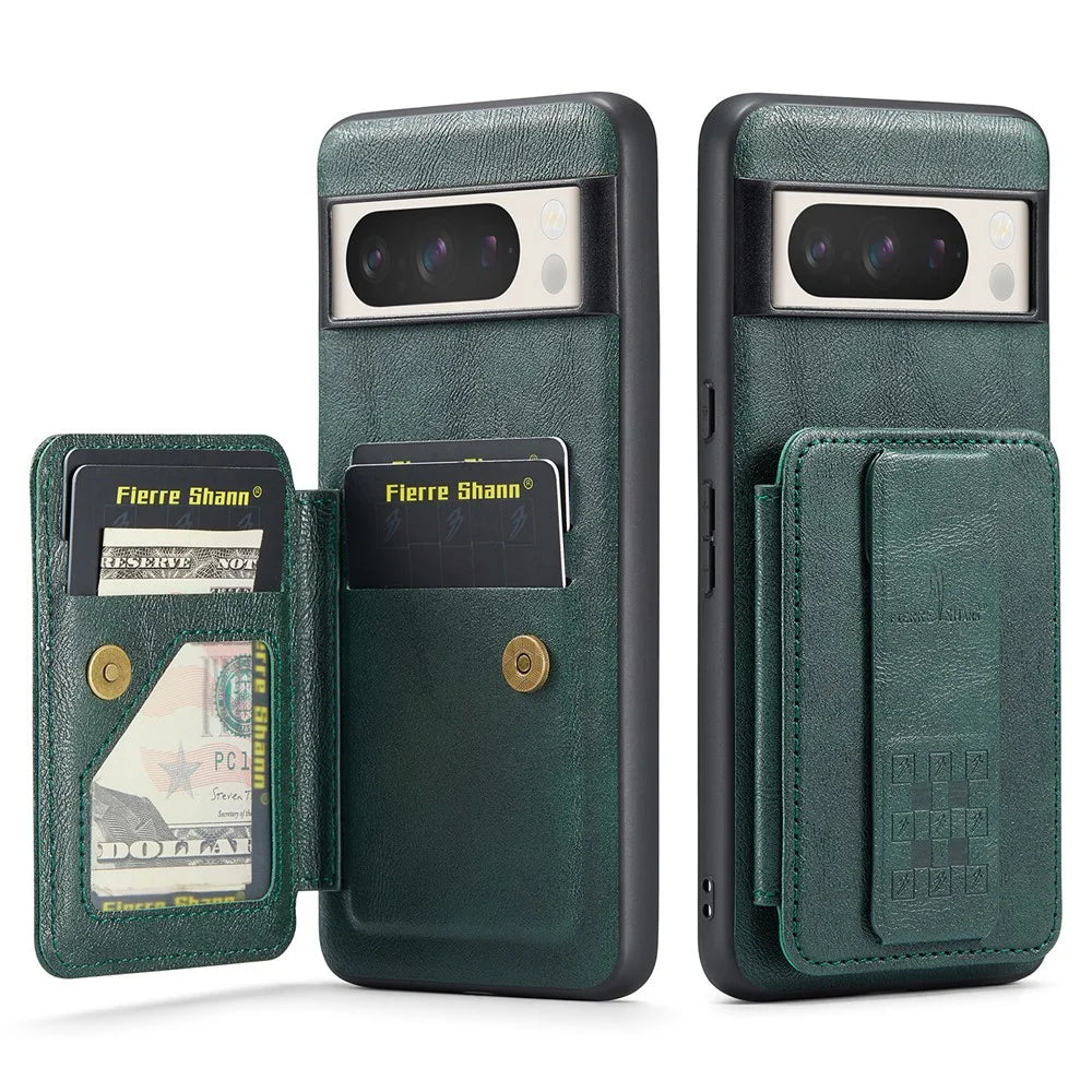 For Google Pixel 8 Pro Case with Card Holder and Kickstand RFID Blocking Leather Coating Back Cover - Green - 1