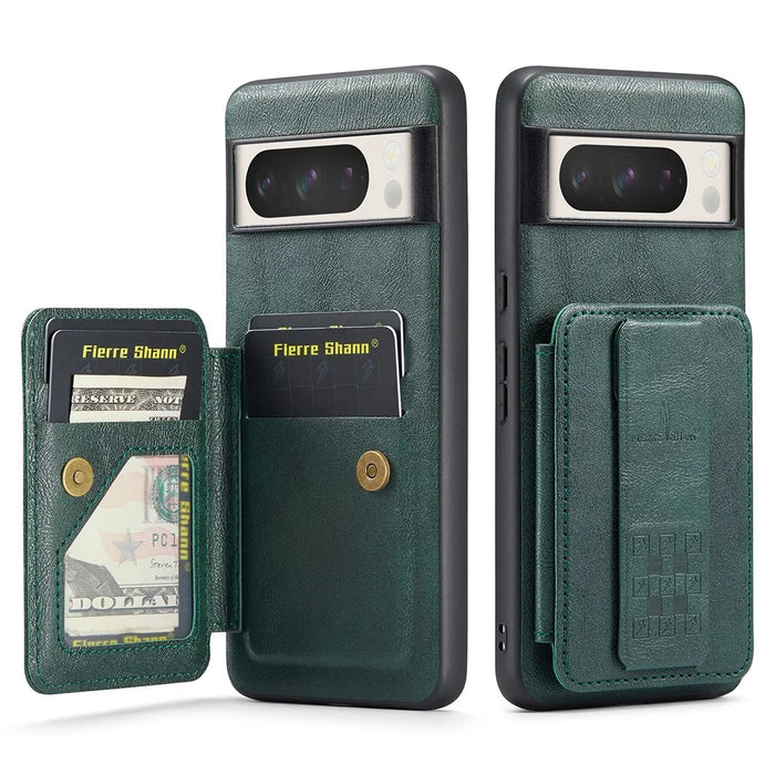 For Google Pixel 8 Pro Case with Card Holder and Kickstand RFID Blocking Leather Coating Back Cover - Green - 1