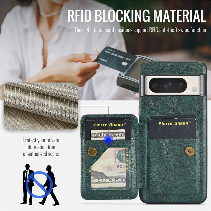 For Google Pixel 8 Pro Case with Card Holder and Kickstand RFID Blocking Leather Coating Back Cover - Green - 6
