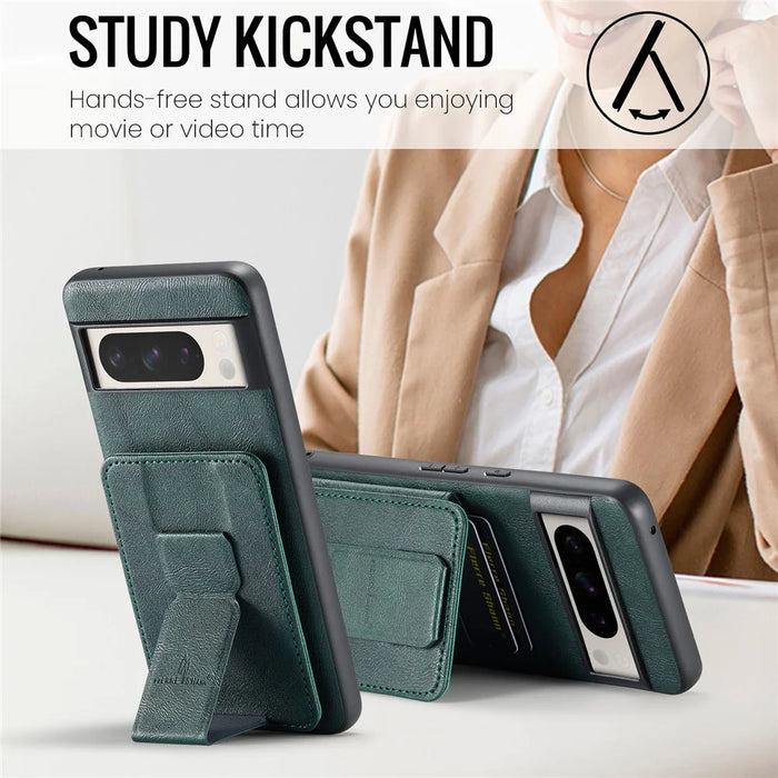 For Google Pixel 8 Pro Case with Card Holder and Kickstand RFID Blocking Leather Coating Back Cover - Green - 7