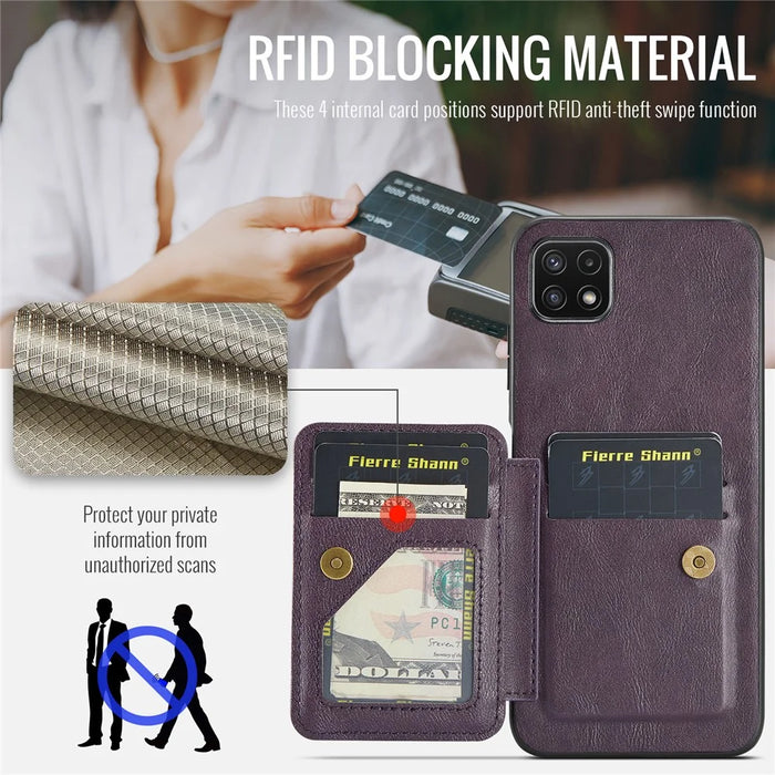 For Samsung Galaxy A22 5G (EU Version) Case RFID Blocking Card Slots Leather+TPU Phone Cover - Purple - 6
