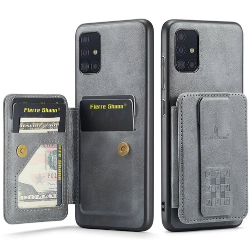 For Samsung Galaxy A51 4G SM-A515 Case Card Holder Leather Coated TPU Phone Cover - Grey - 1