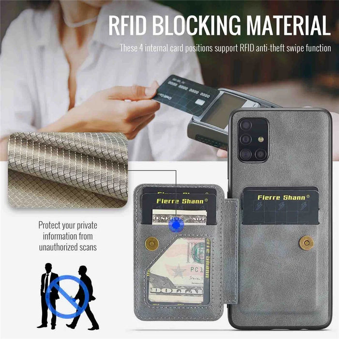 For Samsung Galaxy A51 4G SM-A515 Case Card Holder Leather Coated TPU Phone Cover - Grey - 5