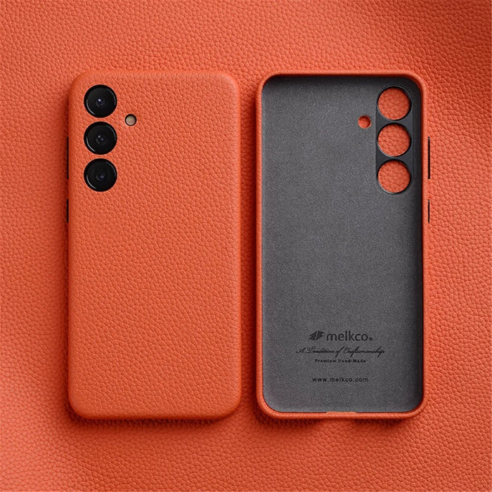MELKCO For Samsung Galaxy S24 Cell Phone Cases Anti-scratch Genuine Cow Leather+PC Cover - Orange - 2