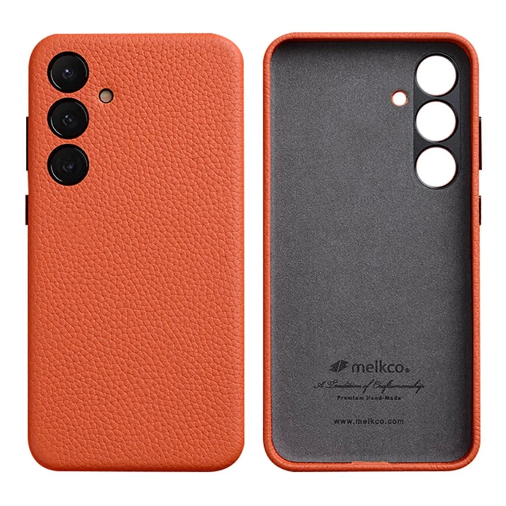 MELKCO For Samsung Galaxy S24+ Case Genuine Cow Leather+PC Anti-drop Phone Cover - Orange - 1