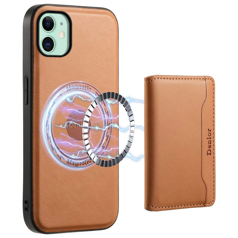 DENIOR For iPhone 11 Magnetic Phone Case Detachable Card Bag Cover Fits Magnetic Car Mount - Khaki - 1
