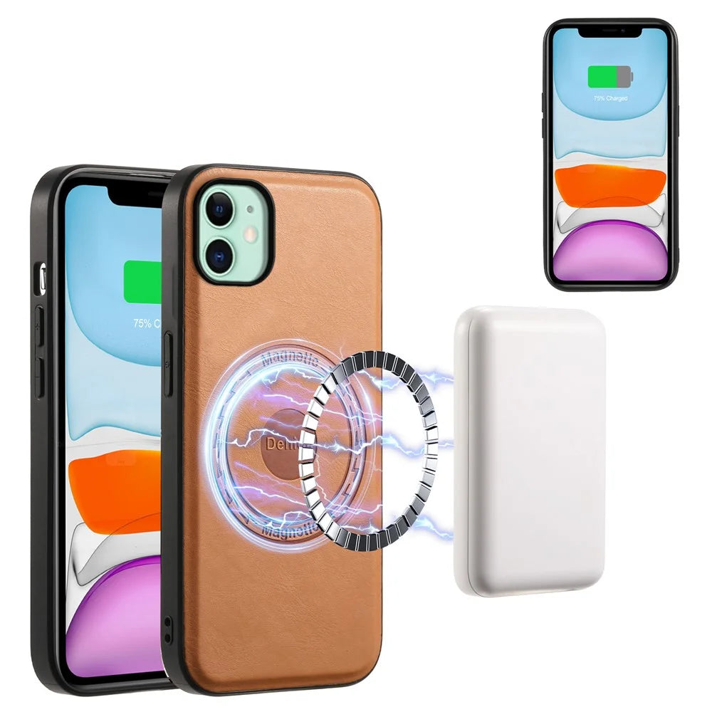 DENIOR For iPhone 11 Magnetic Phone Case Detachable Card Bag Cover Fits Magnetic Car Mount - Khaki - 4