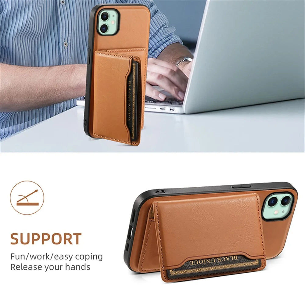 DENIOR For iPhone 11 Magnetic Phone Case Detachable Card Bag Cover Fits Magnetic Car Mount - Khaki - 6