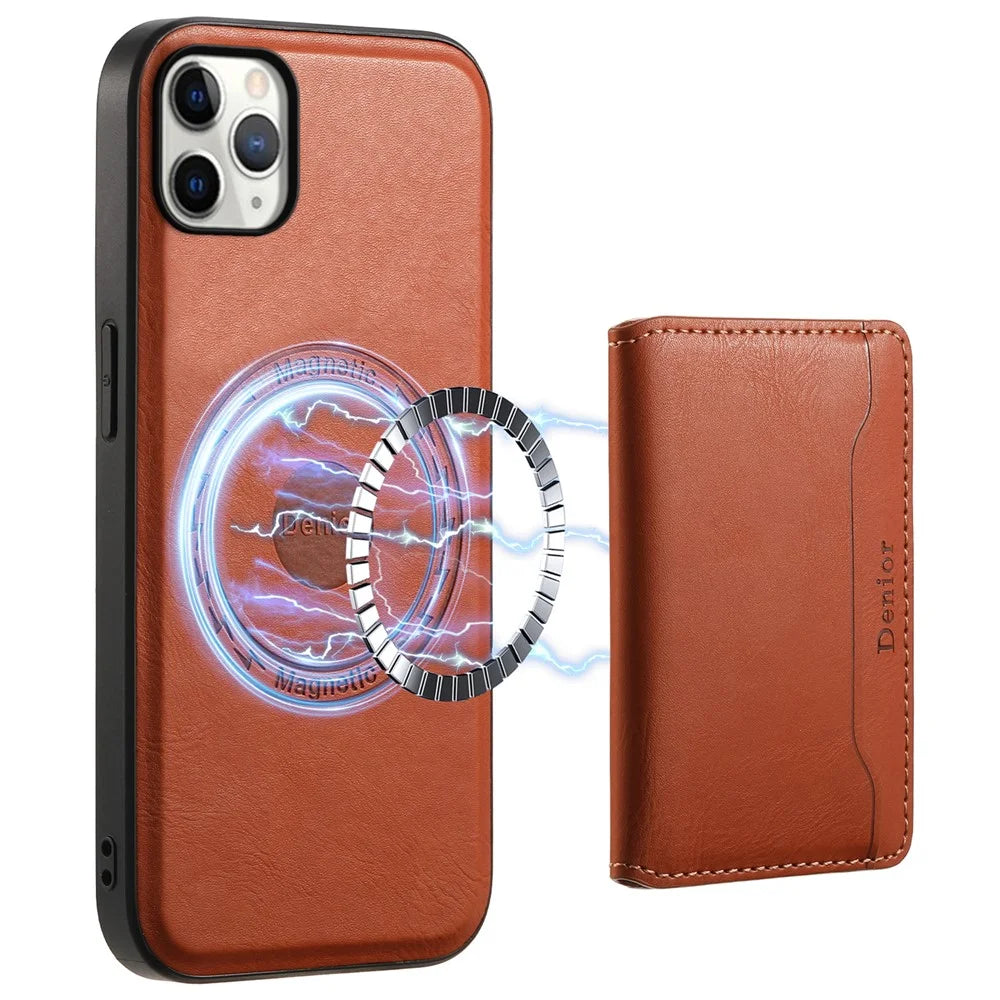 DENIOR For iPhone 11 Pro Max Magnetic Case Cowhide Texture Detachable Card Bag Phone Shell - Brown - 1