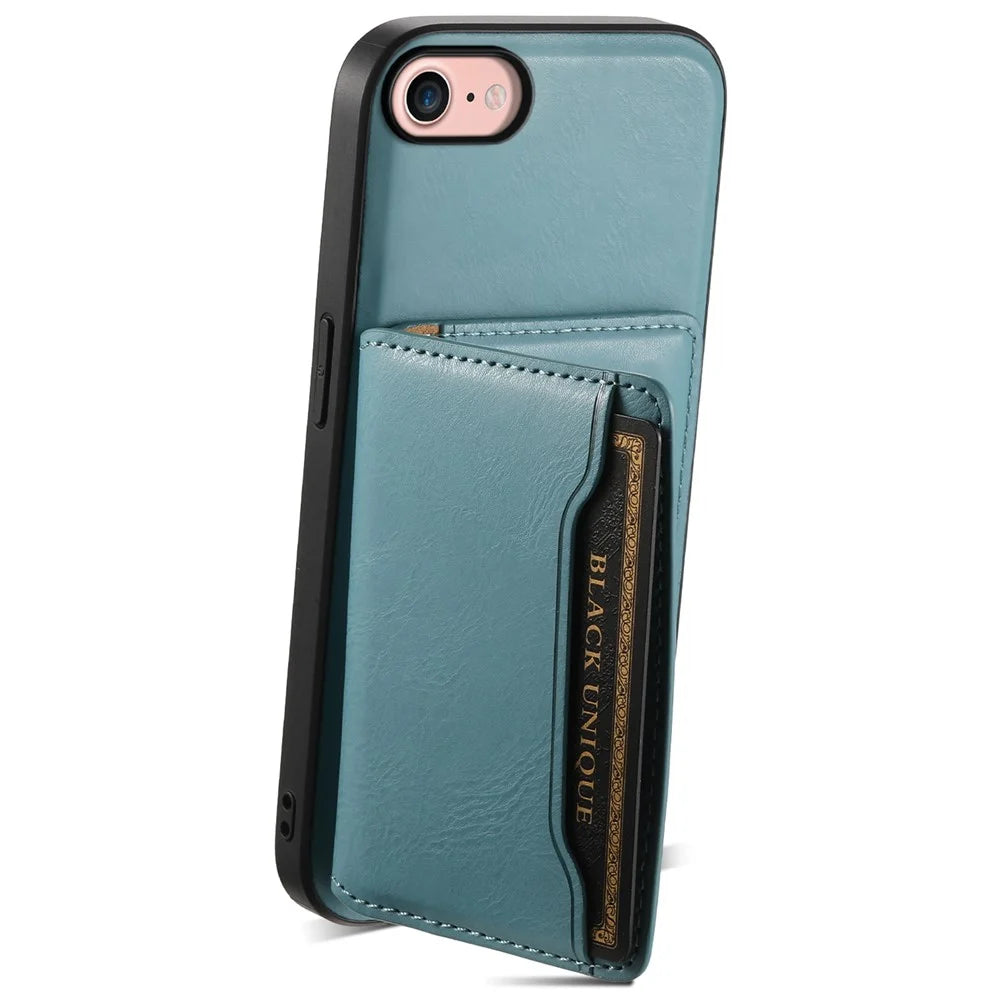 DENIOR For iPhone 7 / 8 / SE(2020) / SE(2022) Case Cowhide Texture Kickstand Phone Shell Compatible with MagSafe - Blue - 2