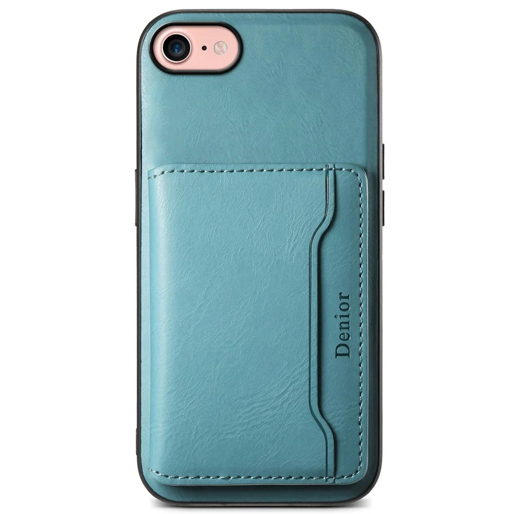 DENIOR For iPhone 7 / 8 / SE(2020) / SE(2022) Case Cowhide Texture Kickstand Phone Shell Compatible with MagSafe - Blue - 7