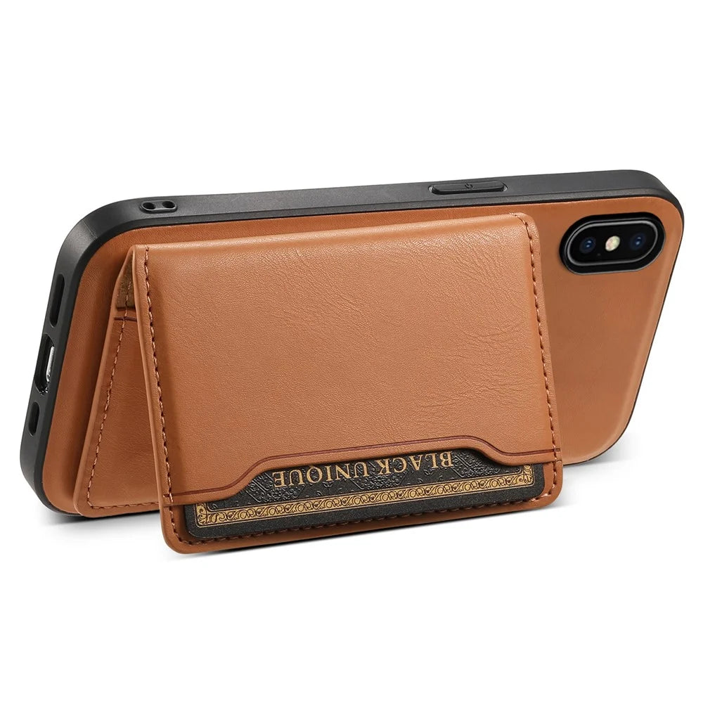 DENIOR For iPhone X / XS 5.8 inch Magnetic Phone Case Anti-fall Cover with Detachable Card Slots - Khaki - 3