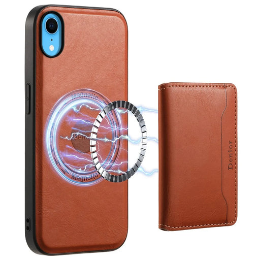 DENIOR For iPhone XR 6.1 inch Case Magnetic PU Leather+PC+TPU Detachable Card Holder Phone Cover - Brown - 1