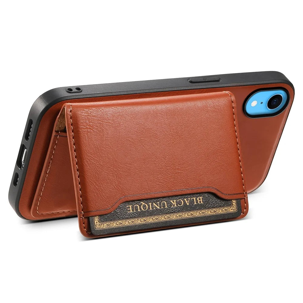DENIOR For iPhone XR 6.1 inch Case Magnetic PU Leather+PC+TPU Detachable Card Holder Phone Cover - Brown - 3