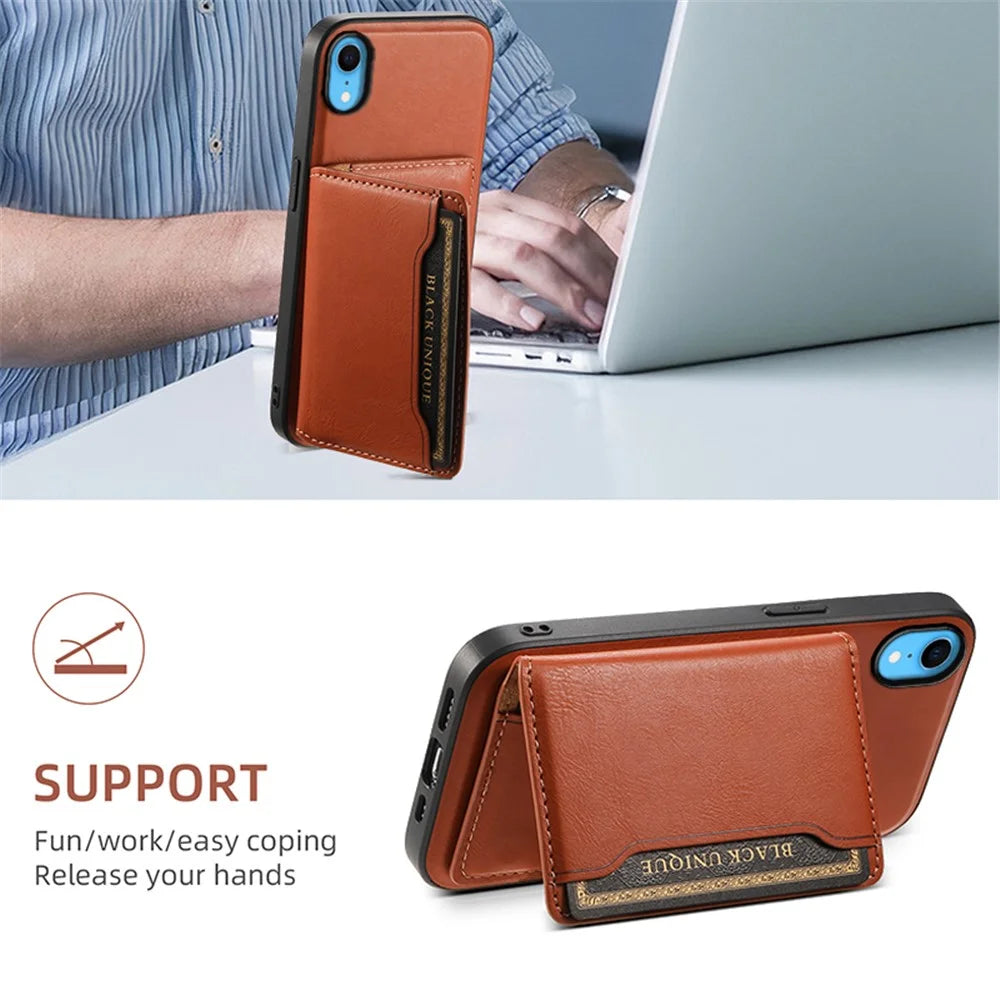 DENIOR For iPhone XR 6.1 inch Case Magnetic PU Leather+PC+TPU Detachable Card Holder Phone Cover - Brown - 6
