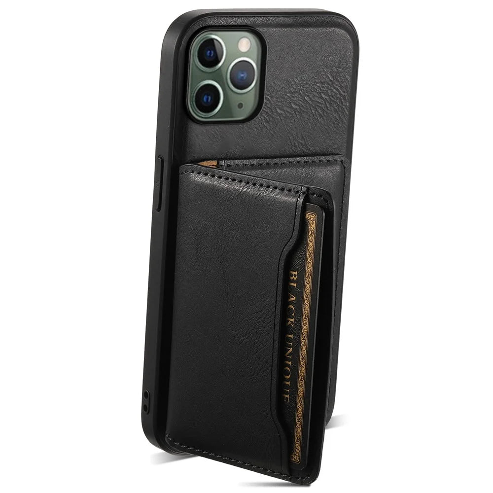 DENIOR For iPhone 11 Pro Magnetic Phone Case PU Leather+PC+TPU Card Holder Back Cover - Black - 2