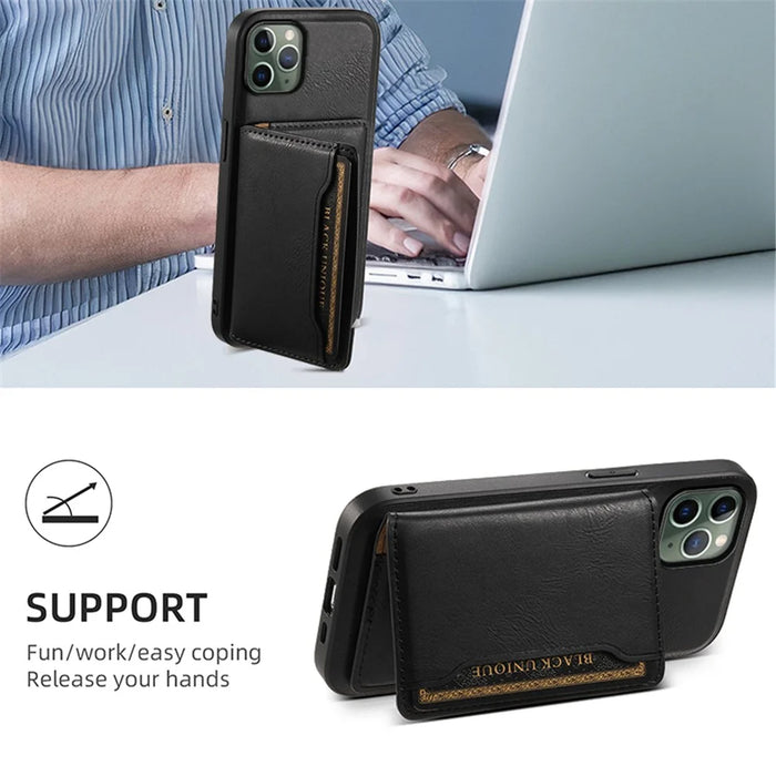 DENIOR For iPhone 11 Pro Magnetic Phone Case PU Leather+PC+TPU Card Holder Back Cover - Black - 6