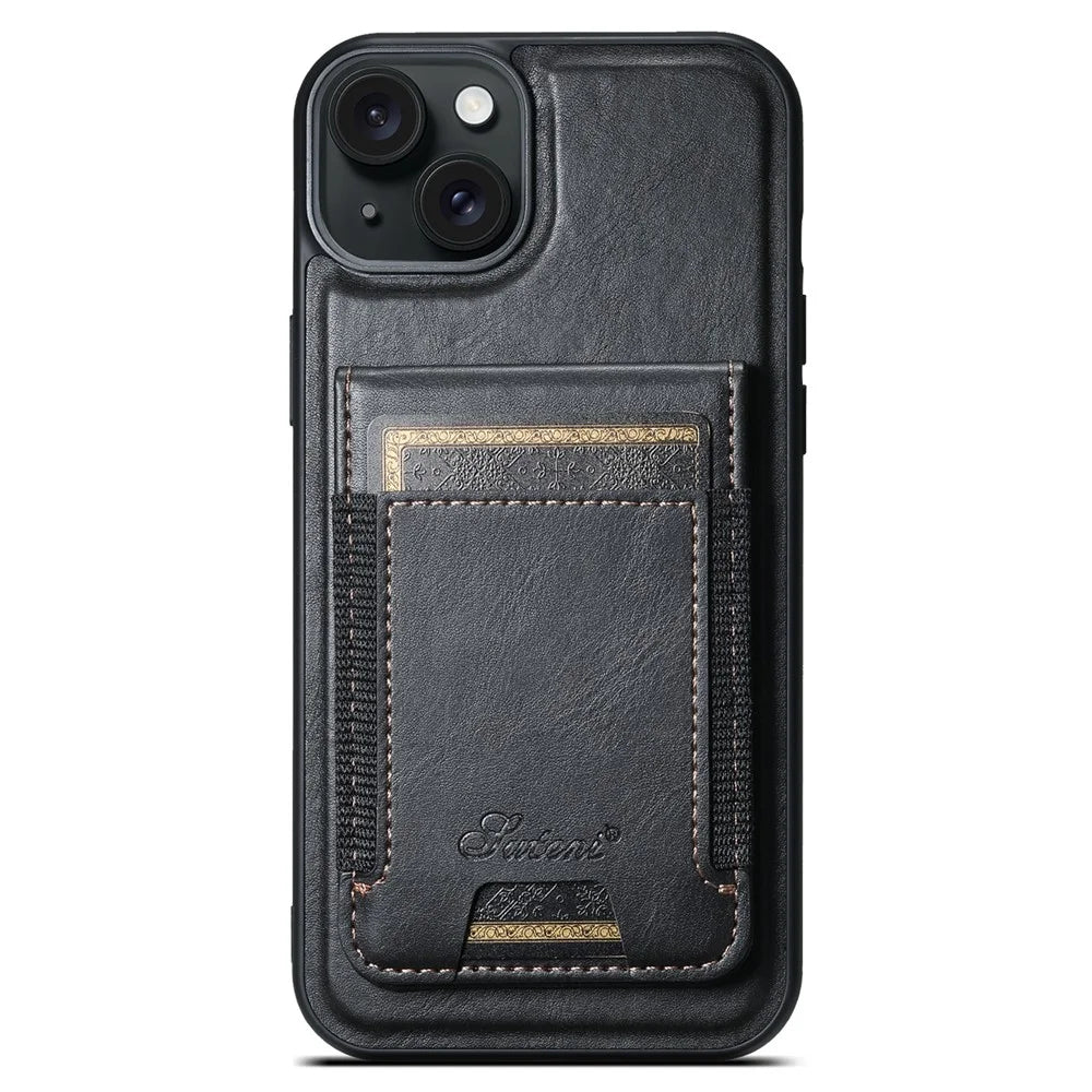 SUTENI H17 For iPhone 15 Plus Case Compatible with MagSafe PU+TPU Kickstand Phone Cover - Black - 2