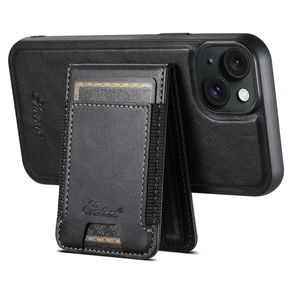 SUTENI H17 For iPhone 15 Plus Case Compatible with MagSafe PU+TPU Kickstand Phone Cover - Black - 3
